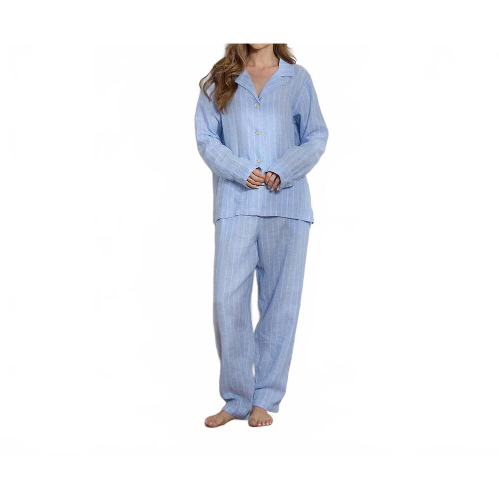 NEW THE SLEEP CODE women's striped linen long pj set in denim stripe